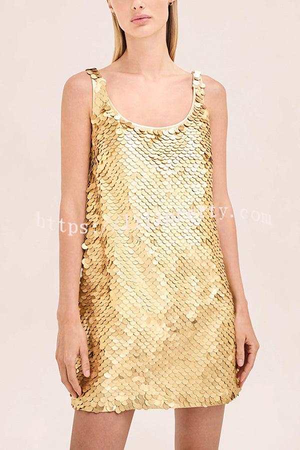 Golden Charm Impact Large Sequins Scoop Neck Tank A-line Mini Dress