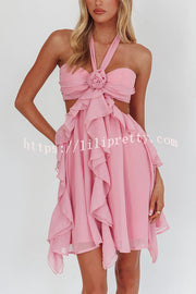 Romantic Midnight Rose Detail Cutout Ruffles Halter Mini Dress