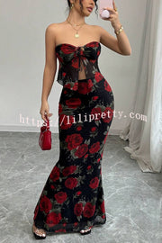 Floral Print Sexy Bandeau Lace-up Top and Slim Mesh Stretch Maxi Skirt Set