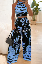 Botanical Print Halterneck Crop Top and Casual High-waist Wide-leg Pants Set