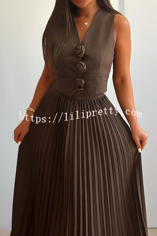 Stylish Rosette Sleeveless Tank Top and Pleated Maxi Skirt Set