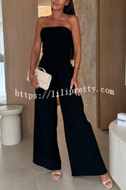 Linen Blend Solid Color Off-the-shoulder Pleated Casual Pocket Wide-leg Jumpsuit