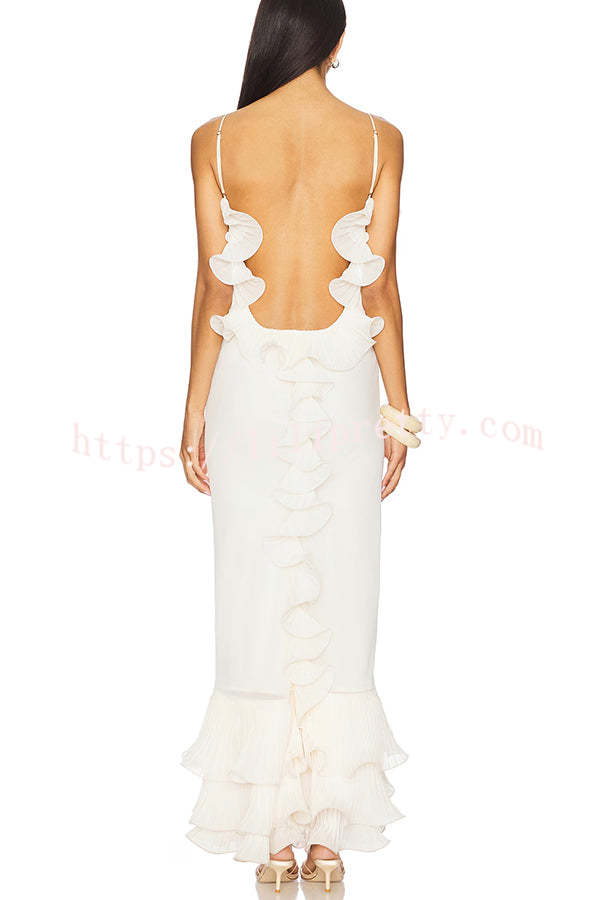 Alisin Pleated Chiffon Wavy Ruffles Trim Slip Maxi Dress