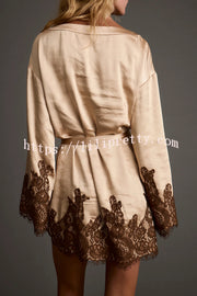 Gold Standard Satin Lace Trim Contrast Color Bell Sleeve Tie-up Kimono Mini Dress