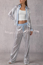 Fashion Sequined Loose Long-sleeved Shirt and Casual Elastic Waist Wide-leg Pants Set