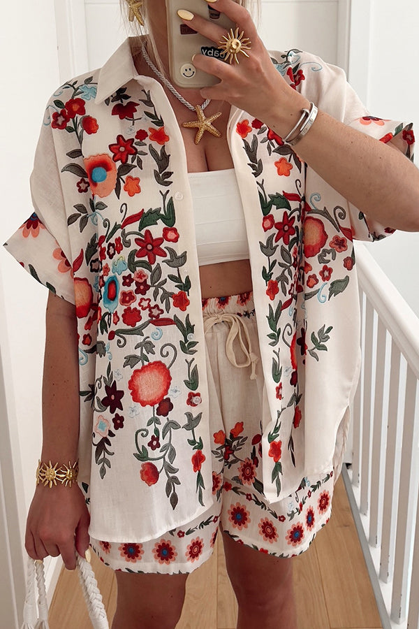 Linen Blend Floral Print Short Sleeve Loose Shirt and Elastic Waist Tie Casual Shorts Set