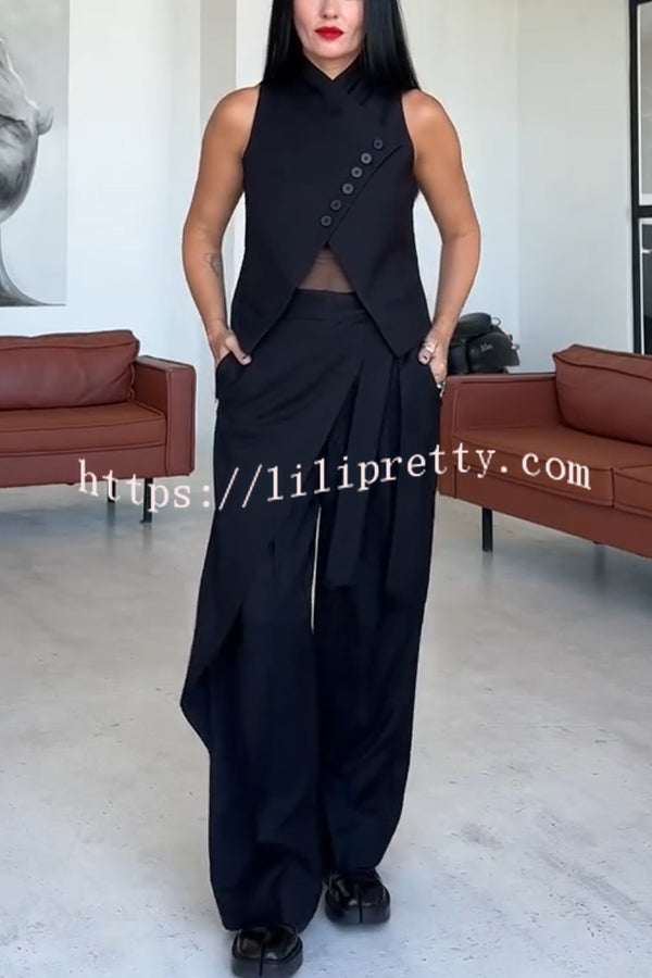 Urban Charm High Stand-up Collar Oblique Buckle Design Sleeveless Vest