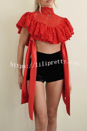 Clarissa Lace High Neck Side Tie-up Cascading Ruffles Cropped Cape Top