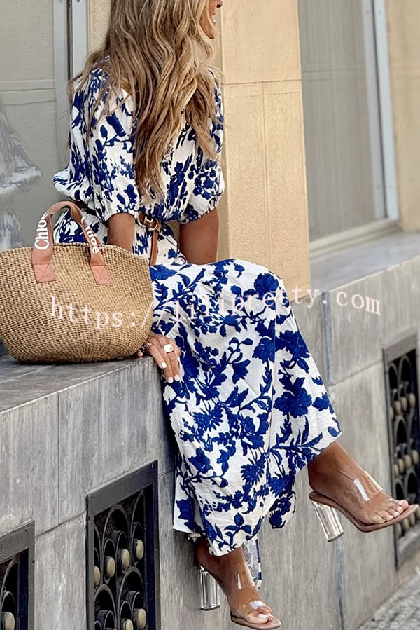 Plant Print V-neck Half-sleeve High Waist Casual Maxi Dress