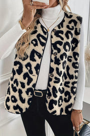 Leopard Print Sleeveless Button Plush Vest Jacket