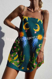 Lilipretty Sun and Done Linen Blend Unique Print Cami Loose Mini Dress