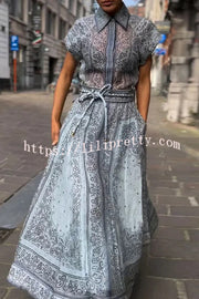 Unique Printed Lapel Short-sleeved Top and High-waist Lace-up Pocket Skirt Set