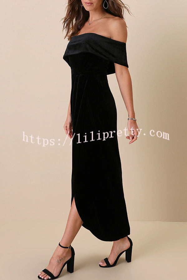 Lilipretty Enchanted Black Velvet Off The Shoulder Midi Dress