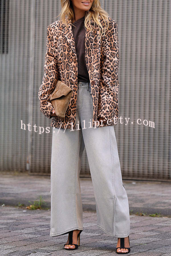 Catwalk Leopard Single Button Long Sleeve Pocketed Lapel Boyfriend Blazer