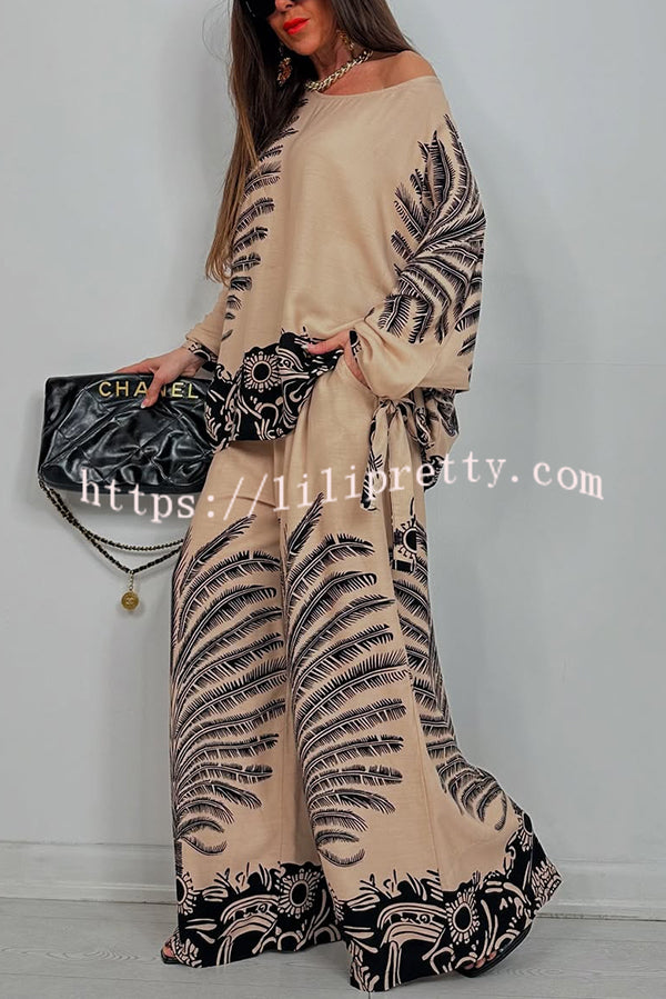 Unique Print Loose Drawstring Long Sleeve Top and Elastic Waist Casual Pocket Wide Leg Pants Set