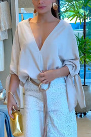 Joyful Bond Linen Blend V-neck Knotted Cuff Half Sleeve Loose Top