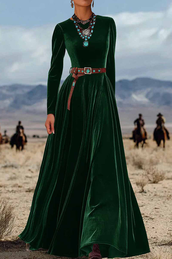Solid Color Velvet Long Sleeve High Waist Elegant Maxi Dress