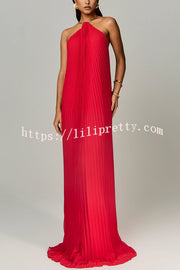 Coralie Pleated Metal Ring Halter Backless Loose Maxi Dress