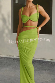Sexy Halter Back Braided Suspender Top and Beach Holiday Style Hip-wrapped Maxi Skirt Set