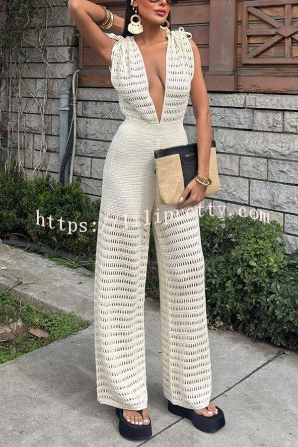 Solid Color Knitted V-neck Holiday Hollow Casual Jumpsuit