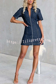 Street Chic Denim Shirt Neck Front Zip-up Stretch Mini Dress