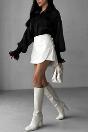 Fashion Lapel Long Sleeve Ruffled See-through Casual Shirt