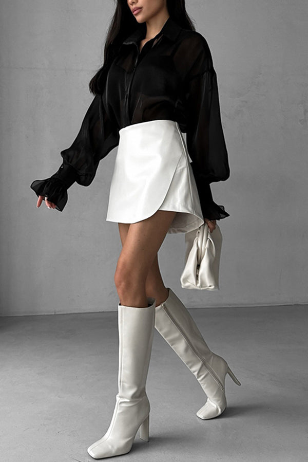 Fashion Lapel Long Sleeve Ruffled See-through Casual Shirt