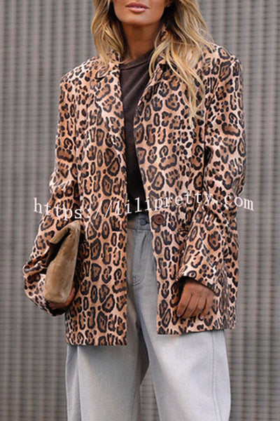 Catwalk Leopard Single Button Long Sleeve Pocketed Lapel Boyfriend Blazer