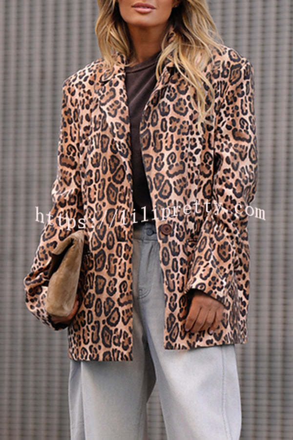 Catwalk Leopard Single Button Long Sleeve Pocketed Lapel Boyfriend Blazer
