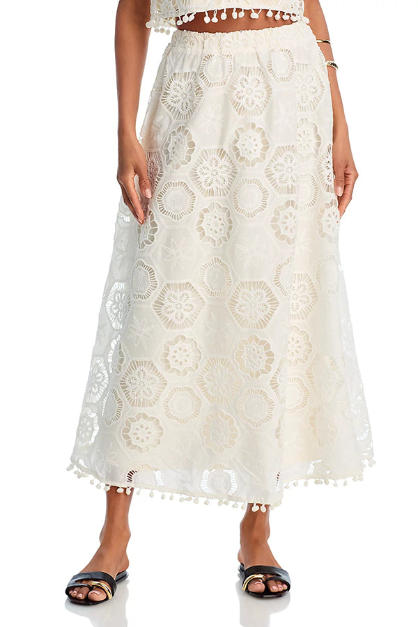Nice Try Embroidered Crochet Lace Tassle Trim Elastic Waist Midi Skirt