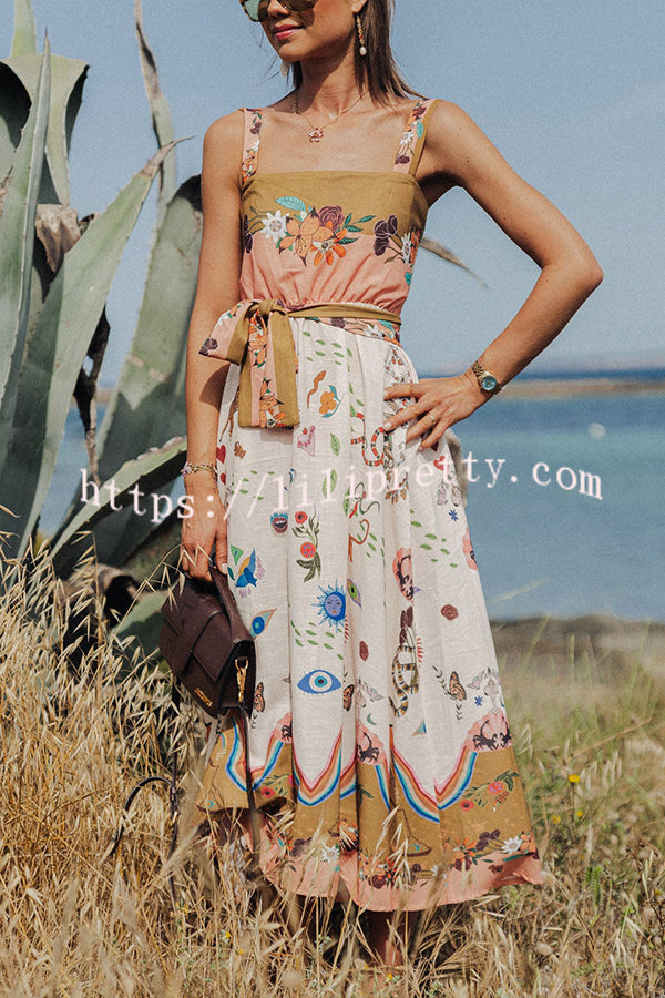 Summer Vibes Linen Blend Unique Print Smocked Belt Midi Dress