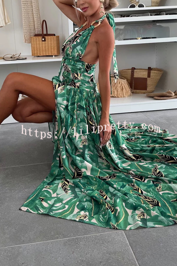 Amazon Scenery Unique Print Tie-up Cutout Waist Ring Halter Slit Maxi Dress