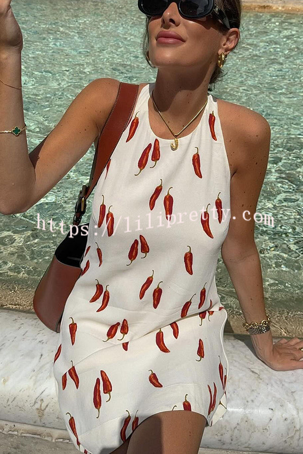 Lilipretty® Spicy Summer Chili Pepper Unique Print Soft Fabric Halter Loose Mini Dress