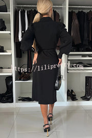 Vintage Elegance Metal Buckle Balloon Sleeve Lapel Wrap Formal Midi Dress