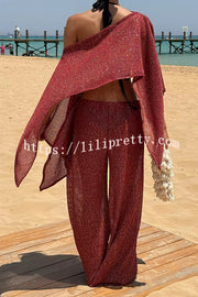 Vacation Knit Shiny Fabric Batwing Sleeve Cape Top and Cover-up Elastic Waist Loose Pants Set