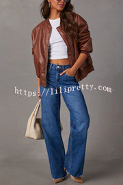 Solid Color Long Sleeve Loose Pocket Leather Jacket