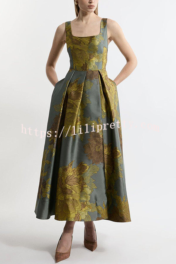 London Nights Satin Floral Pattern Square Neck Pocket Pleated Prom Maxi Dress