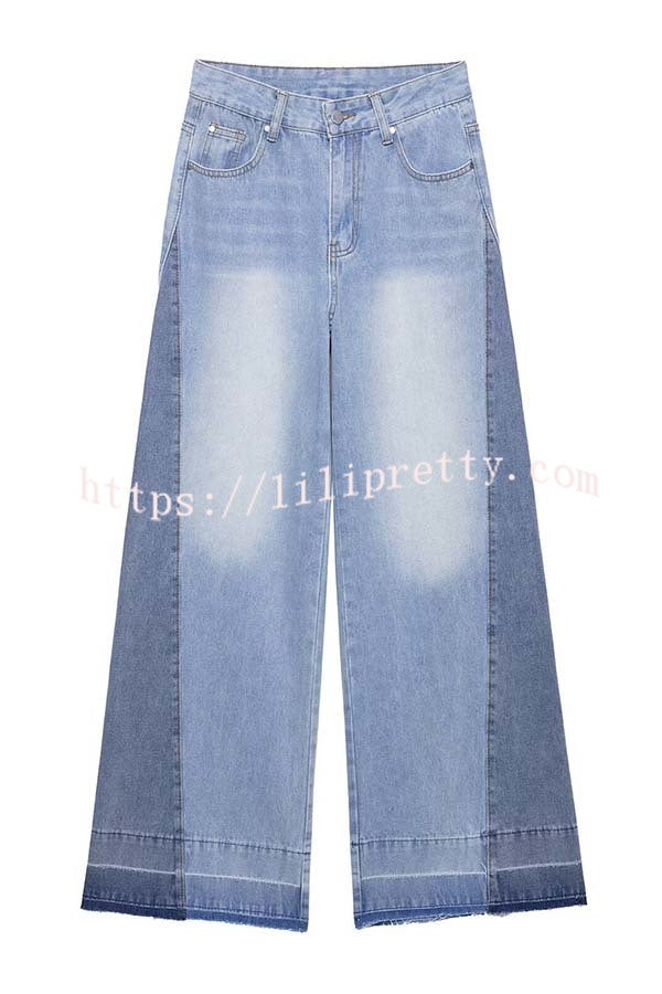 Ellison Denim Side Colorblock High Rise Pocket Wide Leg Jeans
