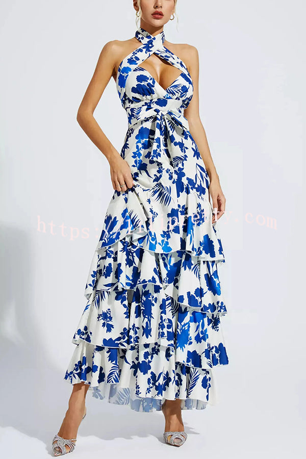 Lilipretty® Gorgeous Styling Botanical Print Halter Neck Open Back Tiered Hem Maxi Dress