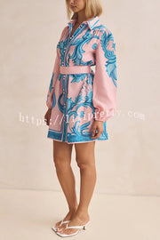 Botanical Print Lapel Puff Sleeve Vintage Belt Loose Mini Dress