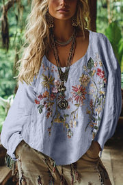 Bohemian Floral Print Round Neck Long-sleeved Loose Top