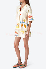 Lilipretty Hello Summer Linen Blend Hand-painted Print Blouse and Elastic Waist Pocketed Shorts Set