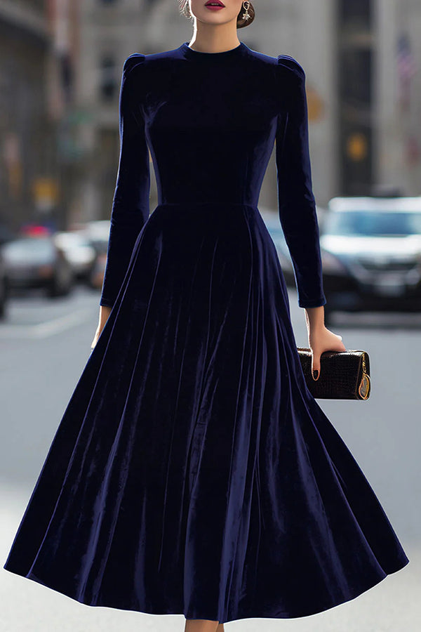 Solid Color Velvet Round Neck Long Sleeve Elegant Maxi Dress
