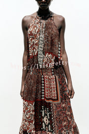 Ethnic Boho Colorblock Print Elastic Waist Resort Style Maxi Dress