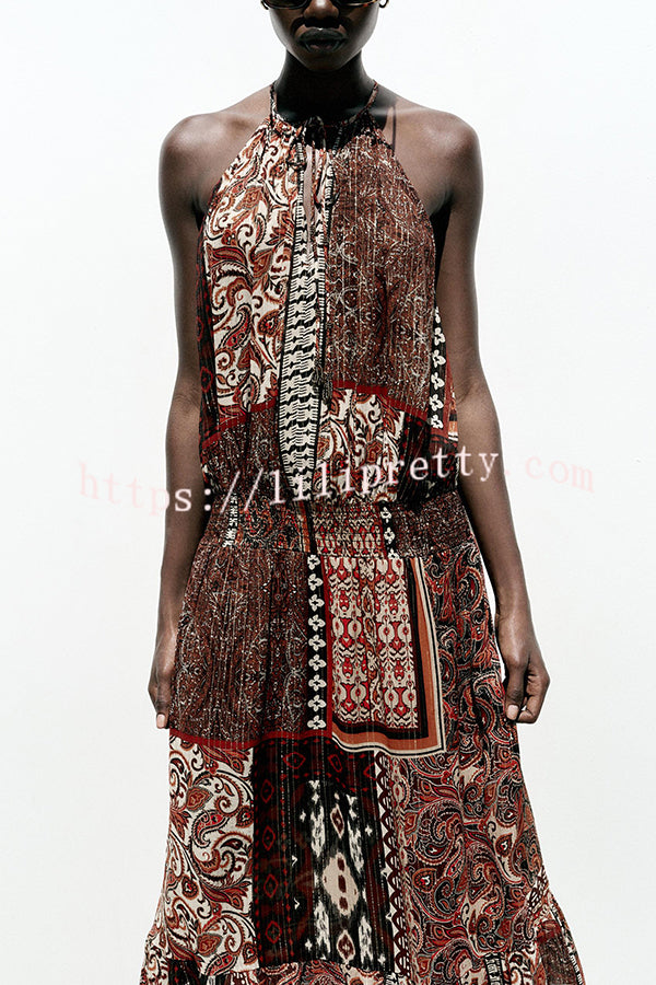 Ethnic Boho Colorblock Print Elastic Waist Resort Style Maxi Dress