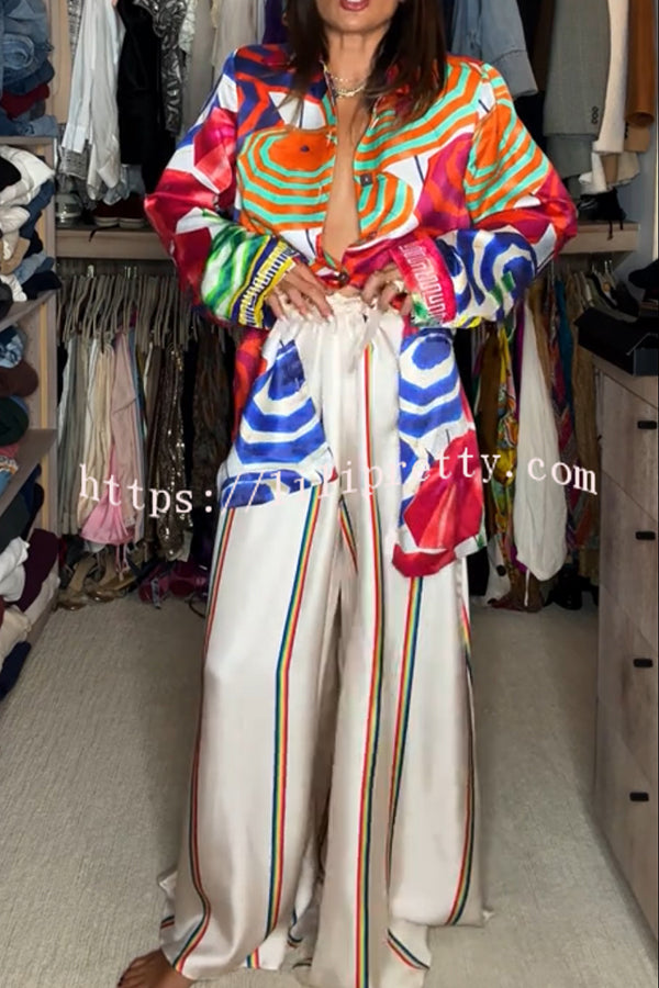 Ellah Satin Rainbow Stripe Print Drawstring Elastic Waist Pocket Wide Leg Pants