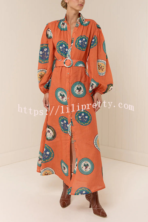 Linen Blend Unique Print Belted Single-breasted Casual Maxi Dress