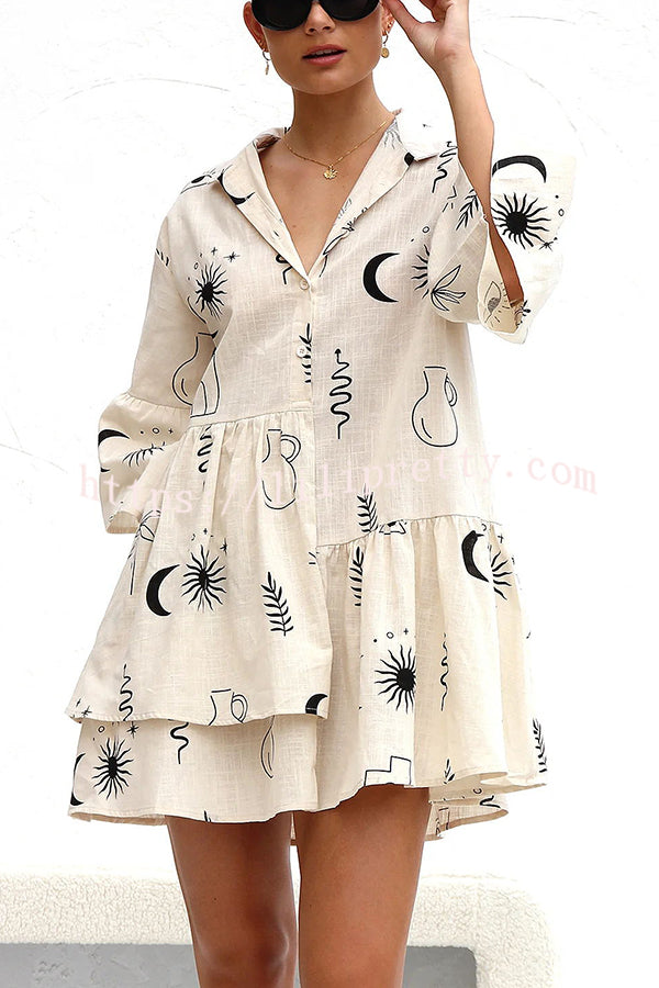 Lilipretty® Shelby Unique Print Bell Sleeve Smock Style Tiered Shirt Mini Dress