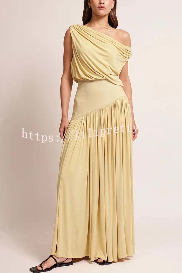 Gwen Soft Knit Fabric Off Shoulder Ruched Detail Drape Maxi Dress