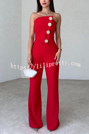 Solid Color Sexy Tube Top Gold Button Embellished Bootcut Jumpsuit